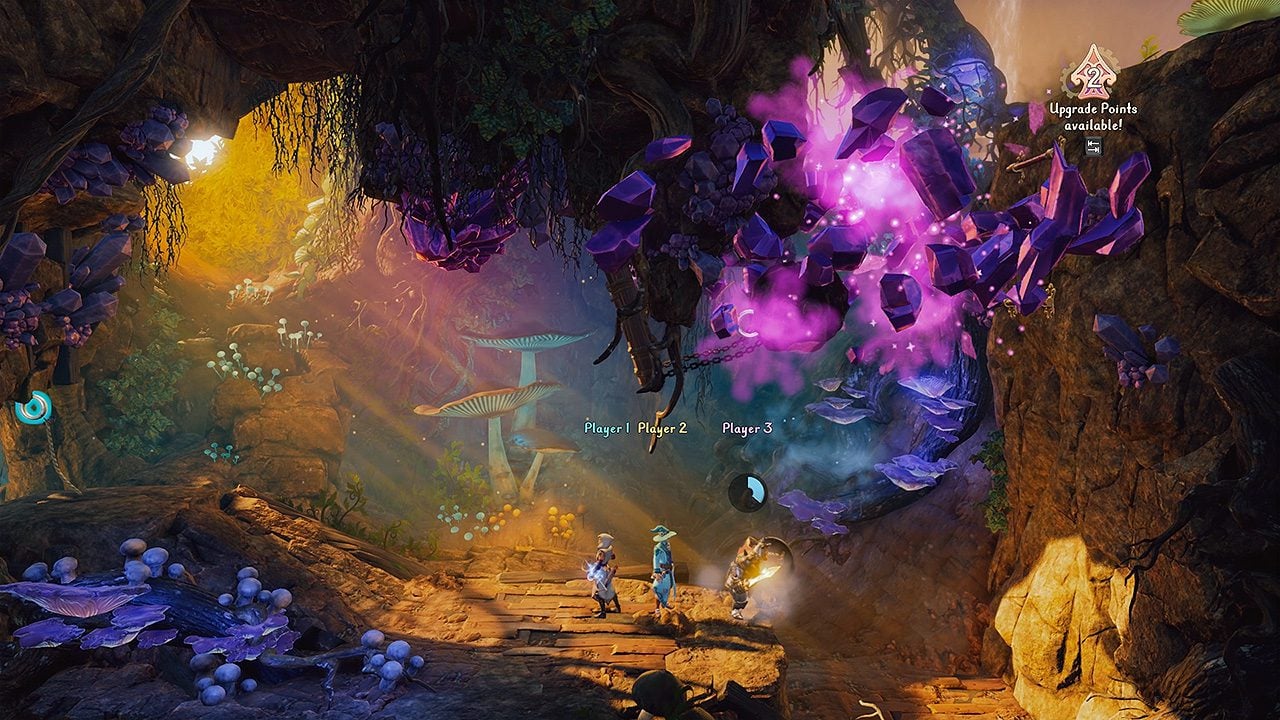A screenshot of Trine 4 displaying Pontius' strength as he charges forward hitting a boulder to break through a giant obstacle of crystals