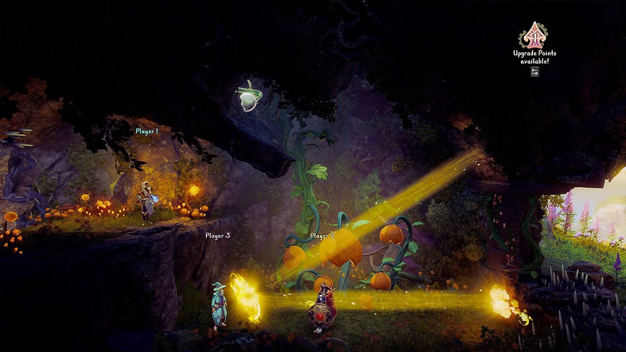 A screenshot of Trine 4 where Pontius uses his Dream Shield to diffract light to accomplish the puzzle's goal