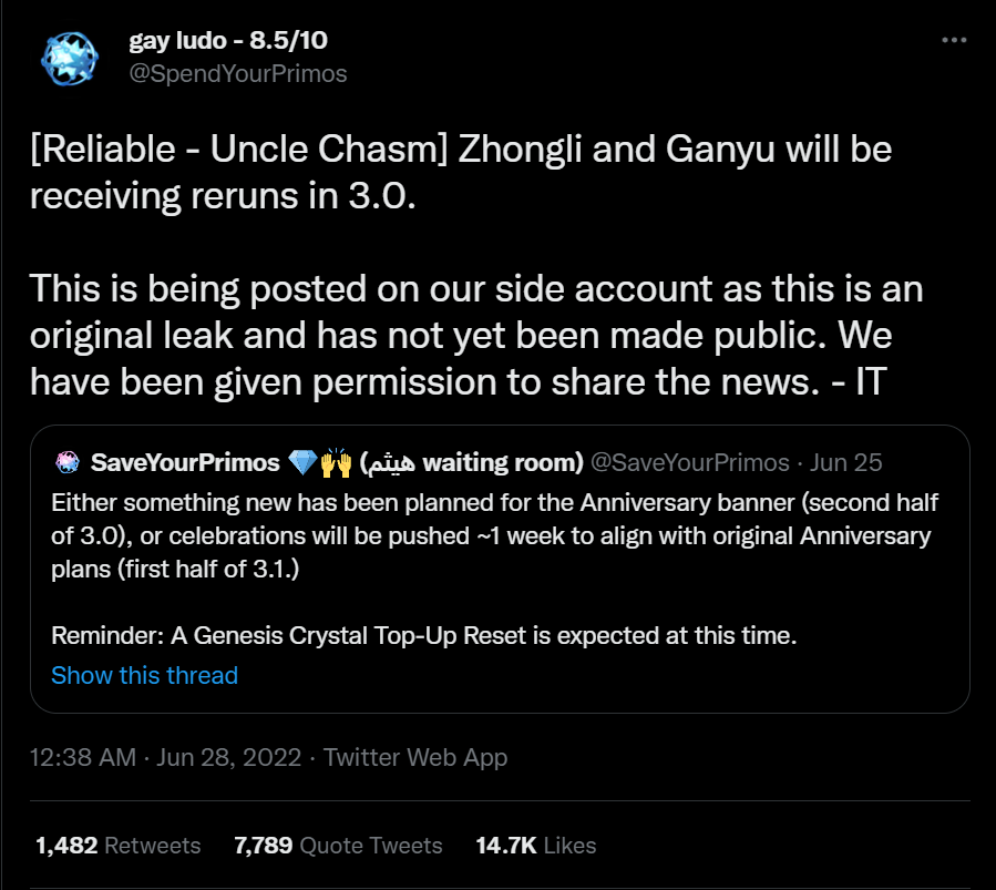 Genshin Impact 3.0 - Zhongli Ganyu Rerun Leak Tweet