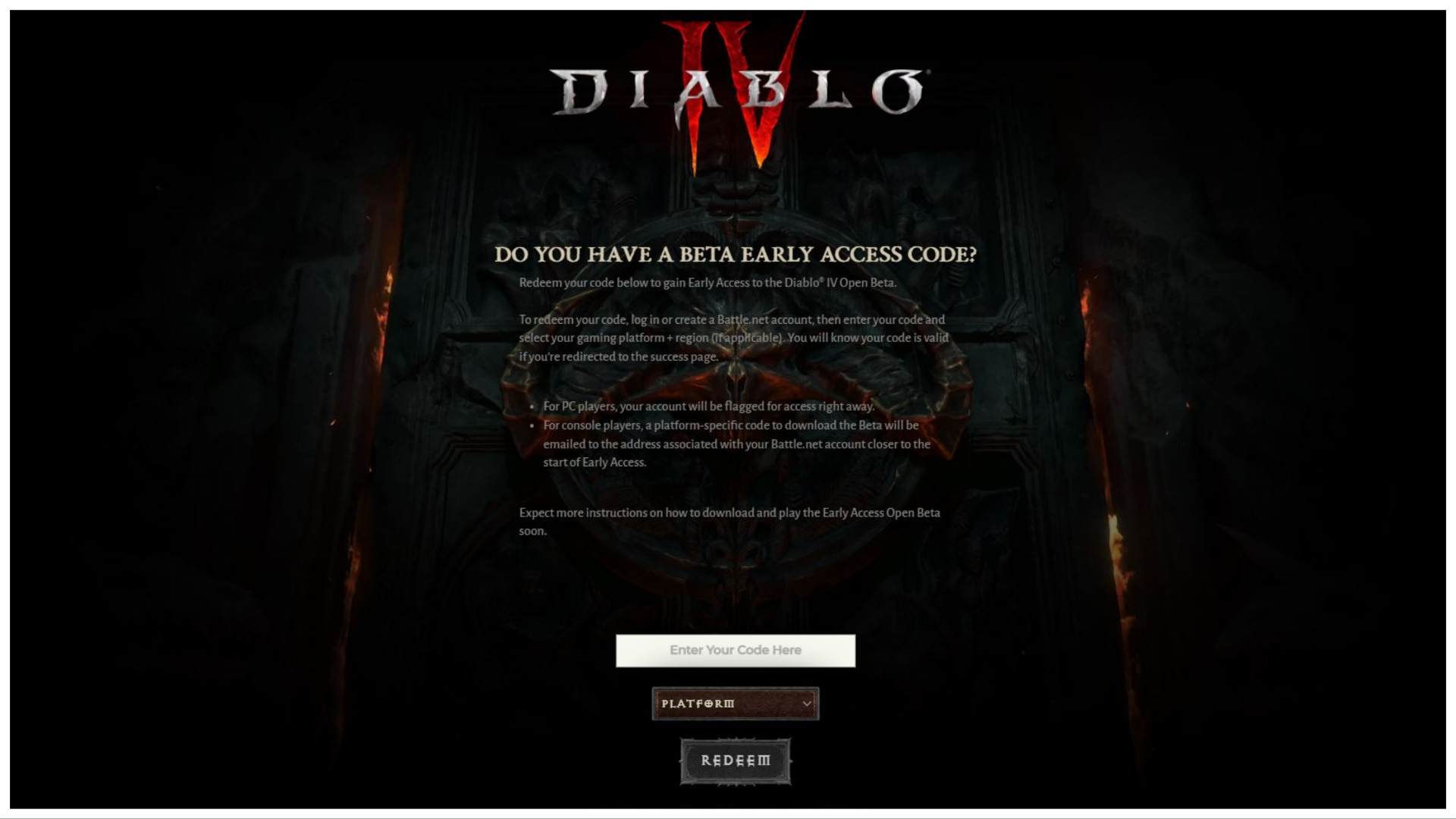 Redeemption code page for Diablo 4